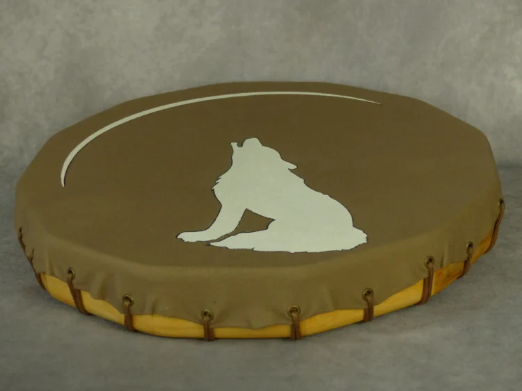 Tambour chamanique végan kaki avec dessin loup lune - cadre en bois de peuplier- 40cm-ref 985PE – Image 2