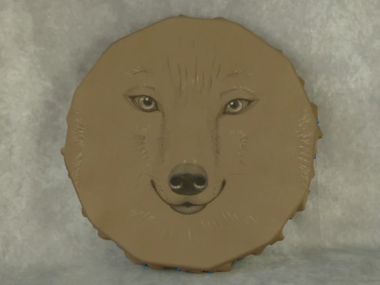 Tambour chamanique végan brun / kaki avec dessin loup - cadre en bois de peuplier- 40cm-ref 1161VEGPE